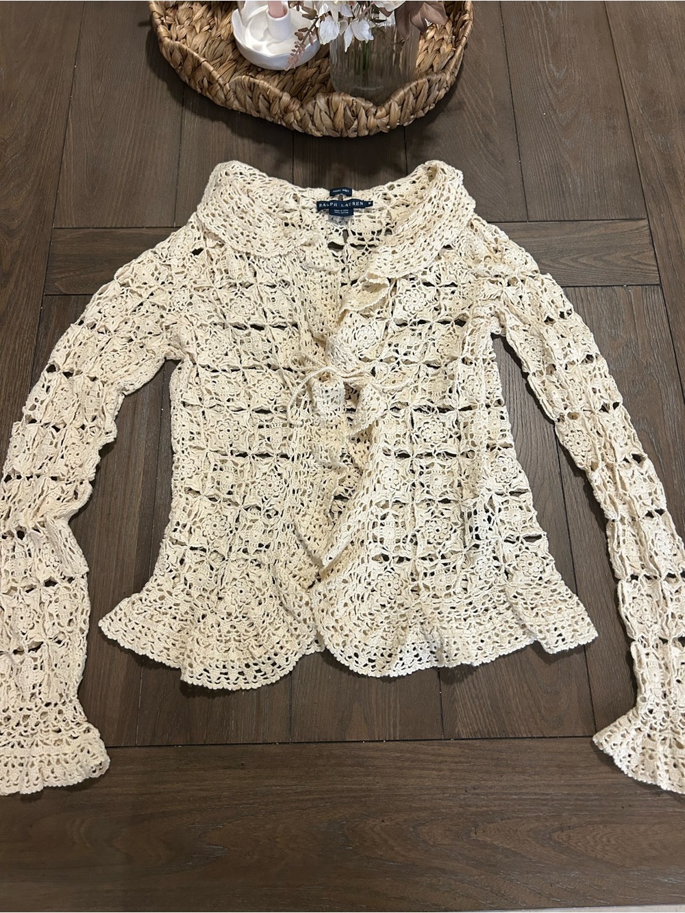 Ralph Lauren Cream Crochet Ruffle-Front Cardigan - Picture 1 of 7